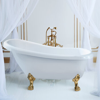 Streamline N480 61'' Vintage Oval Soaking Clawfoot Bathtub, White Exterior, White Interior, Gold Clawfoot, Gold Internal Drain, with Bamboo Tray