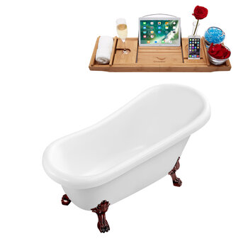 Streamline N480 61'' Vintage Oval Soaking Clawfoot Tub, White Exterior, White Interior, Oil Rubbed Bronze Clawfoot, Gold Drain, w/ Bamboo Tray