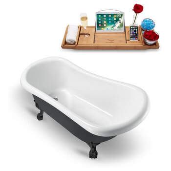 Streamline N481 61'' Vintage Oval Soaking Clawfoot Bathtub, Black Exterior, White Interior, Black Clawfoot, Gold Drain, with Bamboo Tray