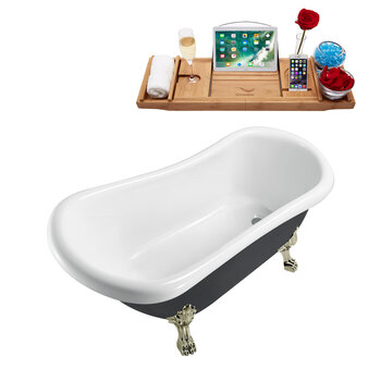 Streamline N481 61'' Vintage Oval Soaking Clawfoot Tub, Black Exterior, White Interior, Brushed Nickel Clawfoot, Gold Drain, w/ Bamboo Tray