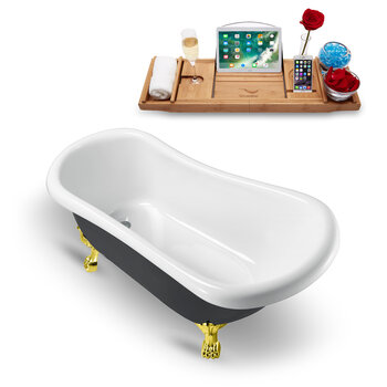 Streamline N481 61'' Vintage Oval Soaking Clawfoot Bathtub, Black Exterior, White Interior, Gold Clawfoot, Gold Internal Drain, with Bamboo Tray