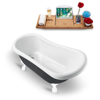 Streamline N481 61'' Vintage Oval Soaking Clawfoot Bathtub, Black Exterior, White Interior, White Clawfoot, Gold Drain, with Bamboo Tray