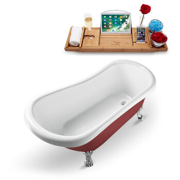 Streamline N482 61'' Vintage Oval Soaking Clawfoot Bathtub, Red Exterior, White Interior, Chrome Clawfoot, Gold Internal Drain, with Bamboo Tray