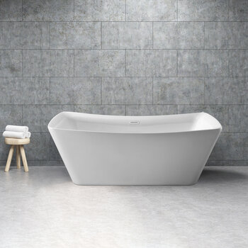Streamline N541 67'' Modern Rectangle Soaking Freestanding Bathtub, White Exterior, White Interior, White Internal Drain, with Bamboo Tray