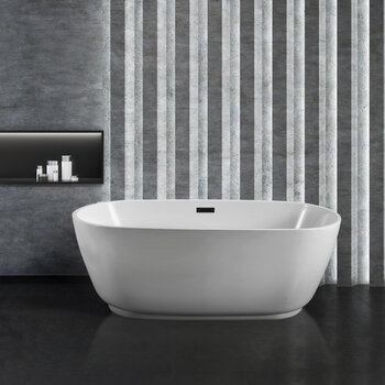 Streamline N560 59'' Modern Oval Soaking Freestanding Bathtub, White Exterior, White Interior, Black Internal Drain, with Bamboo Tray