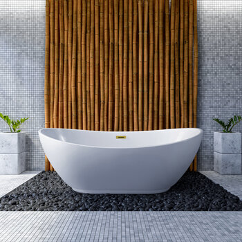 Streamline N580 62'' Modern Oval Soaking Freestanding Bathtub, White Exterior, White Interior, Gold Internal Drain, with Bamboo Tray