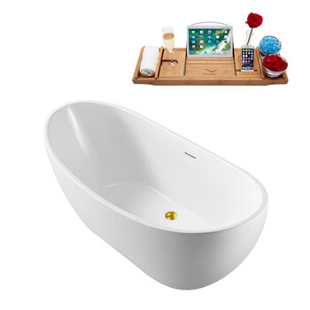 Streamline N590 62'' Modern Oval Soaking Freestanding Bathtub, White Exterior, White Interior, Gold Internal Drain, with Bamboo Tray