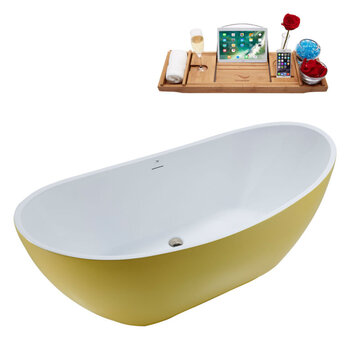 Streamline N591 62'' Modern Oval Soaking Freestanding Bathtub, Yellow Exterior, White Interior, Nickel Internal Drain, with Bamboo Tray