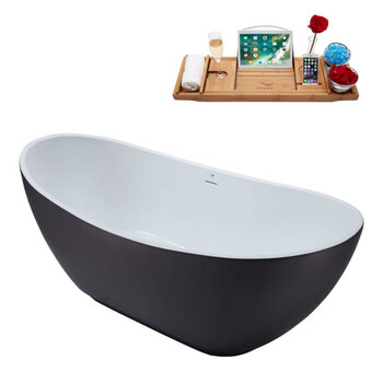 Streamline N592 62'' Modern Oval Soaking Freestanding Bathtub, Grey Exterior, White Interior, Black Internal Drain, with Bamboo Tray