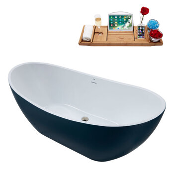 Streamline N593 62'' Modern Oval Soaking Freestanding Bathtub, Light Blue Exterior, White Interior, Nickel Internal Drain, with Bamboo Tray