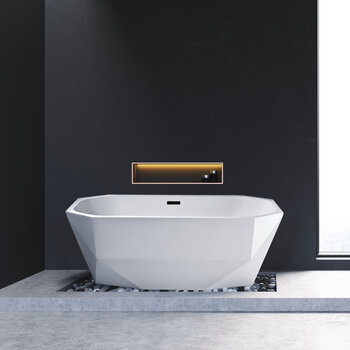 Streamline N620 63'' Modern Octagon Soaking Freestanding Bathtub, White Exterior, White Interior, Black Internal Drain, with Bamboo Tray