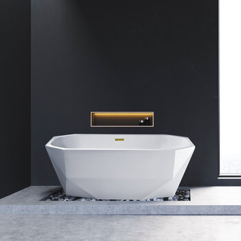 Streamline N622 67'' Modern Oval Soaking Freestanding Bathtub, White Exterior, White Interior, Gold Internal Drain, with Bamboo Tray