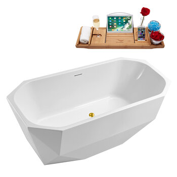 Streamline N630 63'' Modern Octagon Soaking Freestanding Bathtub, White Exterior, White Interior, Gold Internal Drain, with Bamboo Tray