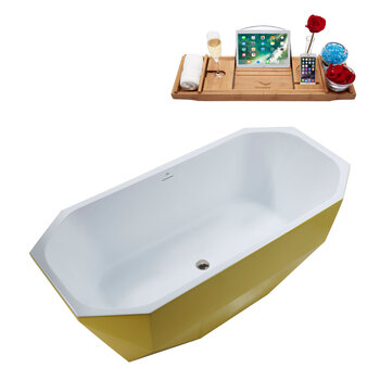 Streamline N631 63'' Modern Octagon Soaking Freestanding Bathtub, Yellow Exterior, White Interior, Nickel Internal Drain, with Bamboo Tray