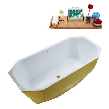 Streamline N631 63'' Modern Octagon Soaking Freestanding Bathtub, Yellow Exterior, White Interior, Gold Internal Drain, with Bamboo Tray