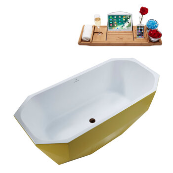 Streamline N631 63'' Modern Octagon Soaking Freestanding Bathtub, Yellow Exterior, White Interior, Oil Rubbed Bronze Drain, with Bamboo Tray