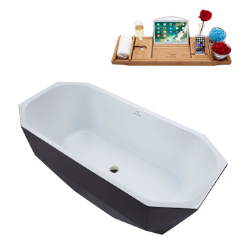 Streamline N632 63'' Modern Octagon Soaking Freestanding Bathtub, Grey Exterior, White Interior, Nickel Internal Drain, with Bamboo Tray