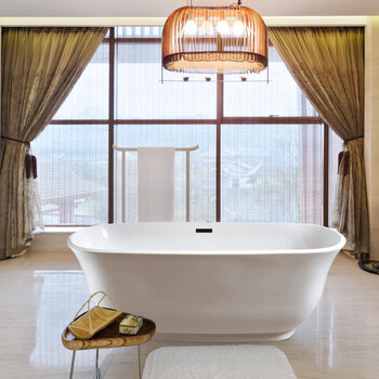 Streamline N660 59'' Modern Oval Soaking Freestanding Bathtub, White Exterior, White Interior, Black Internal Drain, with Bamboo Tray
