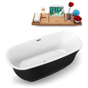 Streamline N663 67'' Modern Oval Soaking Freestanding Bathtub, Black Exterior, White Interior, Brushed Nickel Internal Drain, with Bamboo Tray