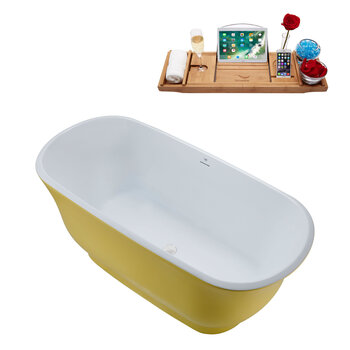 Streamline N671 59'' Modern Oval Soaking Freestanding Bathtub, Yellow Exterior, White Interior, White Internal Drain, with Bamboo Tray
