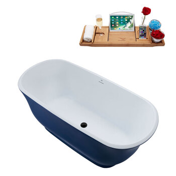 Streamline N675 59'' Modern Oval Soaking Freestanding Bathtub, Dark Blue Exterior, White Interior, Black Internal Drain, with Bamboo Tray