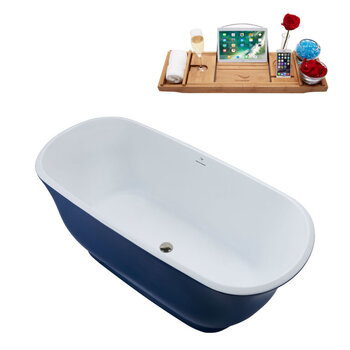 Streamline N675 59'' Modern Oval Soaking Freestanding Bathtub, Dark Blue Exterior, White Interior, Nickel Internal Drain, with Bamboo Tray