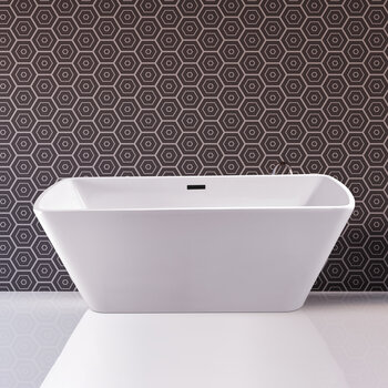 Streamline N680 59'' Modern Rectangle Soaking Freestanding Bathtub, White Exterior, White Interior, Black Internal Drain, with Bamboo Tray