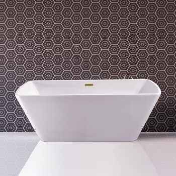 Streamline N680 59'' Modern Rectangle Soaking Freestanding Bathtub, White Exterior, White Interior, Gold Internal Drain, with Bamboo Tray
