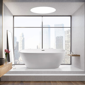 Streamline N700 59'' Modern Oval Soaking Freestanding Bathtub, White Exterior, White Interior, Brushed Nickel Internal Drain, with Bamboo Tray