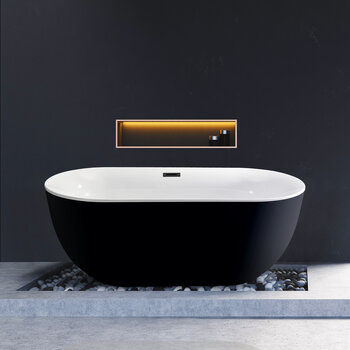 Streamline N801 59'' Modern Oval Soaking Freestanding Bathtub, Black Exterior, White Interior, Black Internal Drain, with Bamboo Tray