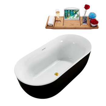 Streamline N811 59'' Modern Oval Soaking Freestanding Bathtub, Black Exterior, White Interior, Gold Internal Drain, with Bamboo Tray