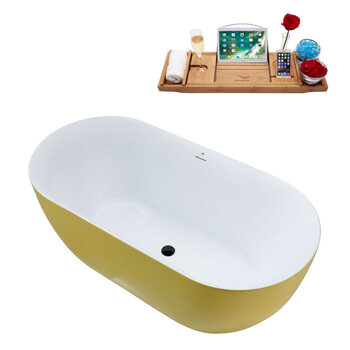 Streamline N812 59'' Modern Oval Soaking Freestanding Bathtub, Yellow Exterior, White Interior, Black Internal Drain, with Bamboo Tray