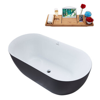 Streamline N813 59'' Modern Oval Soaking Freestanding Bathtub, Grey Exterior, White Interior, Chrome Internal Drain, with Bamboo Tray