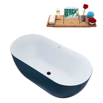 Streamline N814 59'' Modern Oval Soaking Freestanding Bathtub, Light Blue Exterior, White Interior, Oil Rubbed Bronze Drain, with Bamboo Tray