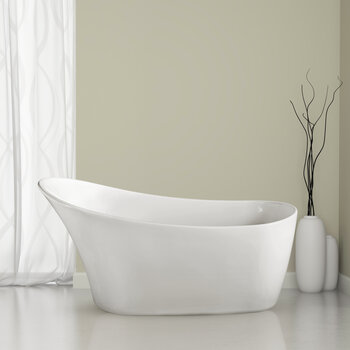 Streamline N820 59'' Modern Oval Soaking Freestanding Bathtub, White Exterior, White Interior, Gold Internal Drain, with Bamboo Tray