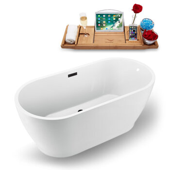 Streamline N880 59'' Modern Oval Soaking Freestanding Bathtub, White Exterior, White Interior, Black Internal Drain, with Bamboo Tray