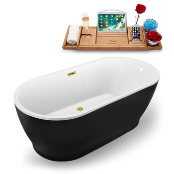 Streamline N882 67'' Modern Oval Soaking Freestanding Bathtub, Black Exterior, White Interior, Gold Internal Drain, with Bamboo Tray