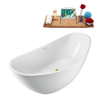 Streamline N950 75'' Modern Oval Soaking Freestanding Bathtub, White Exterior, White Interior, Gold Internal Drain, with Bamboo Tray