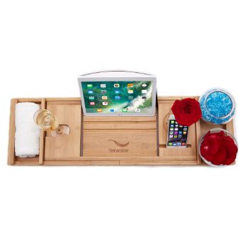 Streamline Natural Bamboo Wood Water Resistant Expandable Tray, Overhead View 