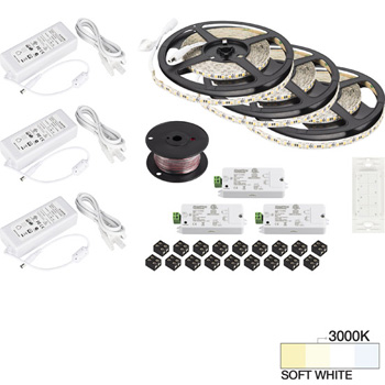 Task Lighting illumaLED™ Vivid Series 49' Tape Light Quattro Wireless Contractor Kit, 3-Zone, 3-Area, High Light Output, Soft White 3000K, (3) Rolls 197" Length x 5/16"W x 1/16" H