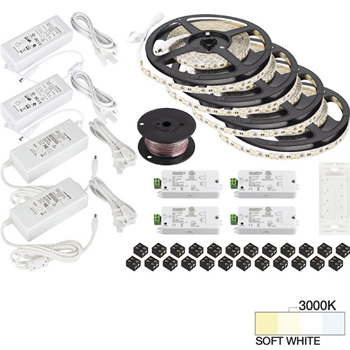 Task Lighting illumaLED™ Vivid Series 65' Tape Light Quattro Wireless Contractor Kit, 4-Zone, 4-Area, High Light Output, Soft White 3000K, (4) Rolls 197" Length x 5/16"W x 1/16" H