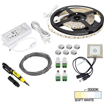 Task Lighting illumaLED™ Vivid Series 16' Feet Tape Light with Touch Dimmer Contractor Kit, 1 Zone, 1 Area, Soft White 3000K, 197" Length x 5/16"W x 1/16" H