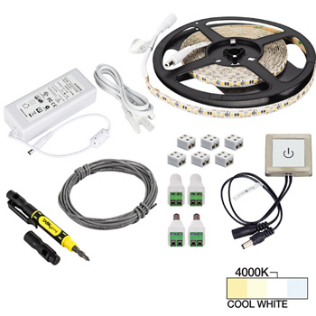 Task Lighting illumaLED™ Vivid Series 16' Feet Tape Light with Touch Dimmer Contractor Kit, 1 Zone, 1 Area, Cool White 4000K, 197" Length x 5/16"W x 1/16" H