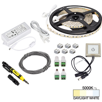 Task Lighting illumaLED™ Vivid Series 16' Feet Tape Light with Touch Dimmer Contractor Kit, 1 Zone, 1 Area, Daylight White 5000K, 197" Length x 5/16"W x 1/16" H