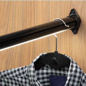 24V Lighted Closet Rod, Aluminum Profile, Frosted Lens, Multiple Lengths, Black in Use Closet On View