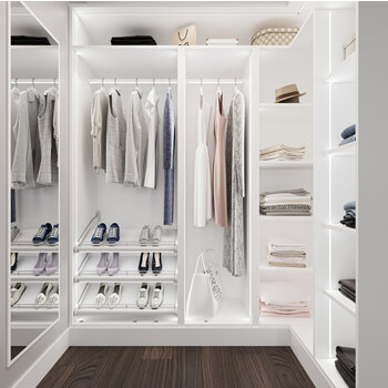 24V Lighted Closet Rod, Aluminum Profile, Frosted Lens, Multiple Lengths, White in Use Walk-In Closet On Front View