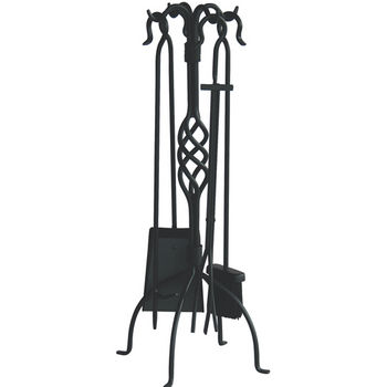 5 Piece Black Wrought Iron Fireset with Center Weave