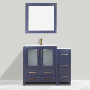 Vanity Art Brescia Single Sink Bathroom Vanity Set with Ceramic Vanity Top, Soft Closing Doors and Drawers, Side Cabinet, Undermount Rectangle Sink and Mirror, 36'' Blue Installed View