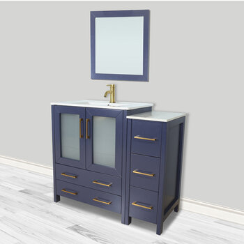 Vanity Art Brescia Single Sink Bathroom Vanity Set with Ceramic Vanity Top, Soft Closing Doors and Drawers, Side Cabinet, Undermount Rectangle Sink and Mirror, 36'' Blue Angle View