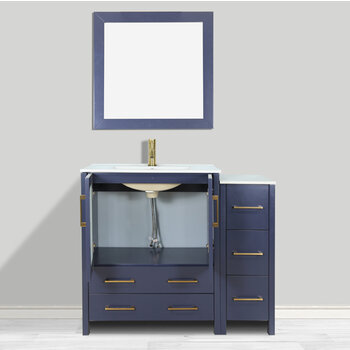 Vanity Art Brescia Single Sink Bathroom Vanity Set with Ceramic Vanity Top, Soft Closing Doors and Drawers, Side Cabinet, Undermount Rectangle Sink and Mirror, 36'' Blue Door Opened View